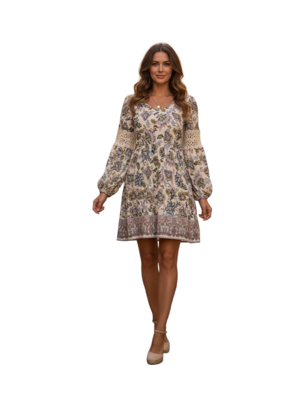 Love Floral Fall Boho Peasant Dress With. Lace Inserts On Long Sleeves Size S